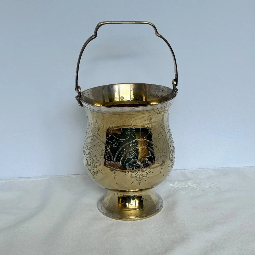 Vtg SilverPlated Brass Etched Floral Ice Bucket Hollywood Regency Grandmillenial